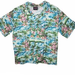 Vintage Krazy Klothes hawaiian blue pink floral button front top shirt small